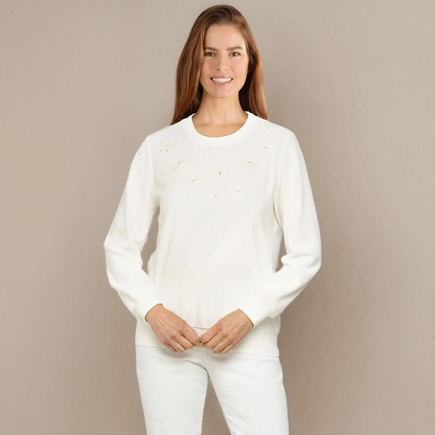 Alfred Dunner Petite Women's Floral Embroidery Yoke Top