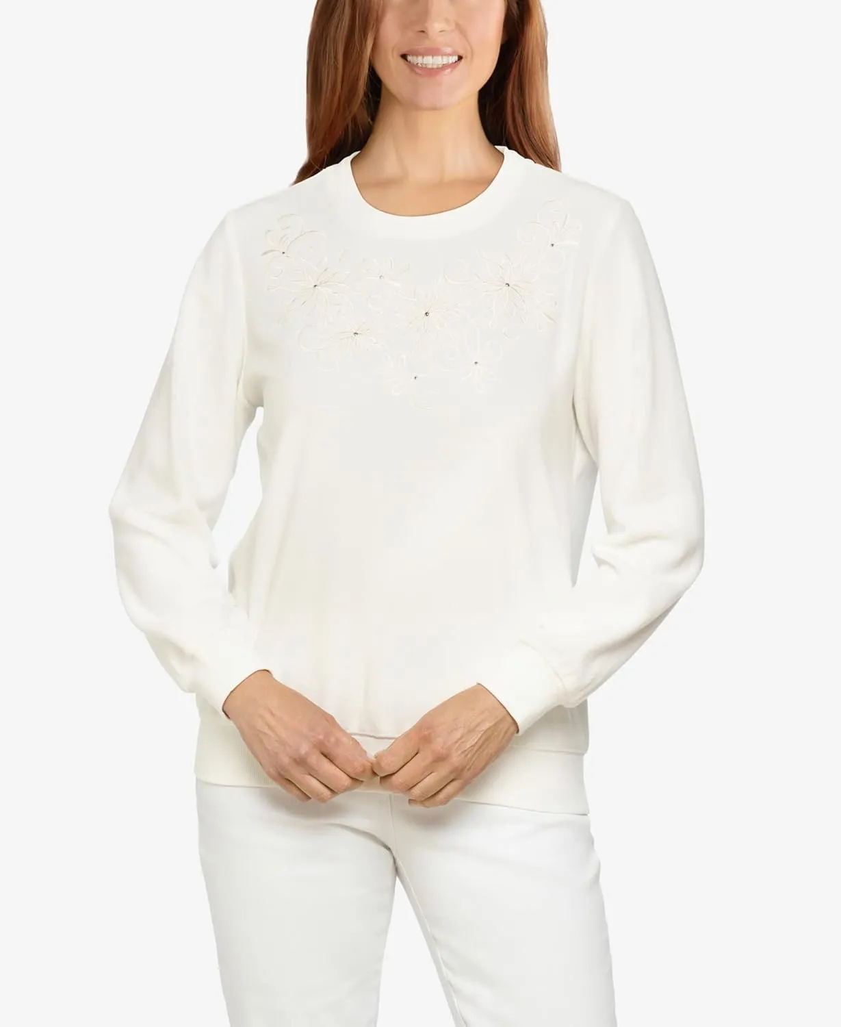 Alfred Dunner Petite Women's Floral Embroidery Yoke Top