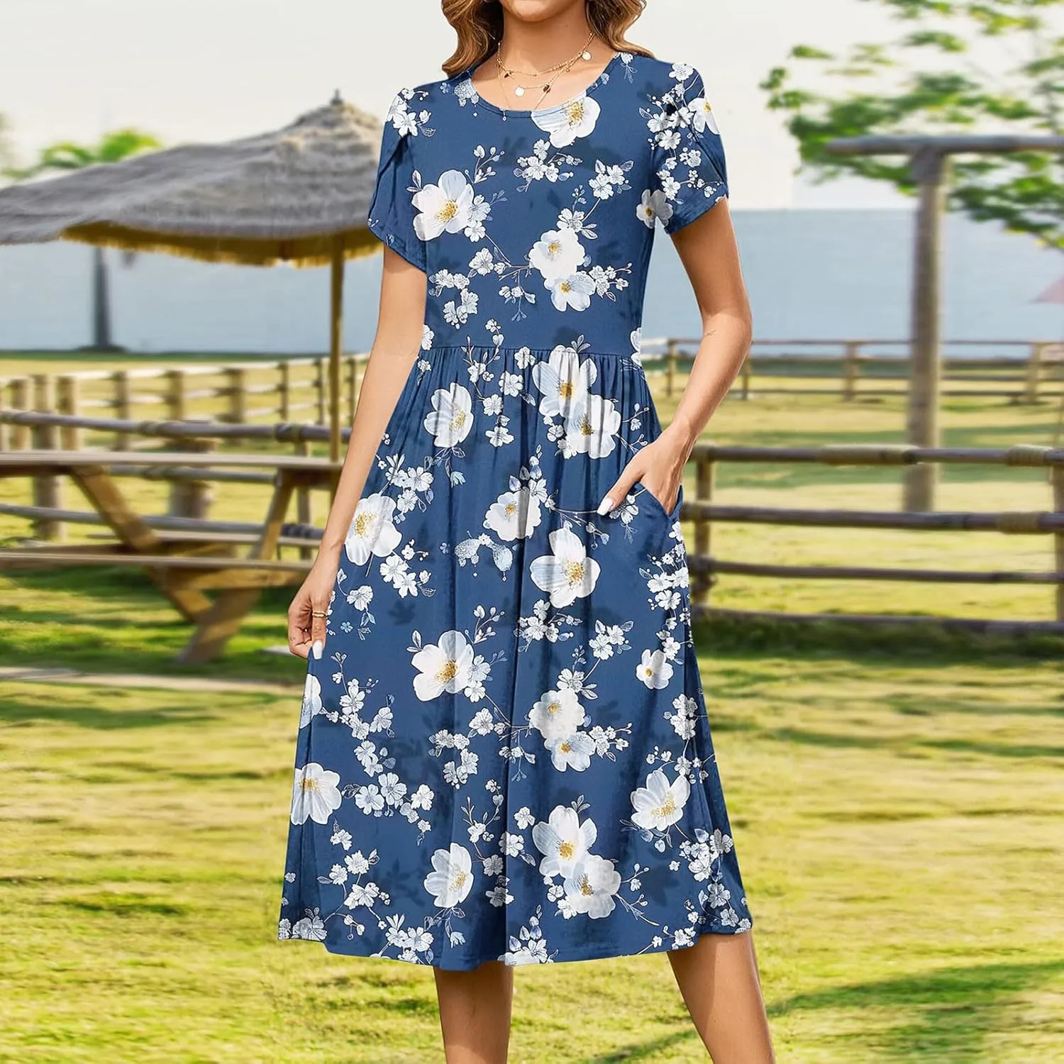 Aline Dress for Women Summer Short Sleeve Curvy Hem Dresses Vacation Boho Beach Sundress with Pockets