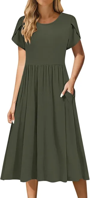 Aline Dress for Women Summer Short Sleeve Curvy Hem Dresses Vacation Boho Beach Sundress with Pockets