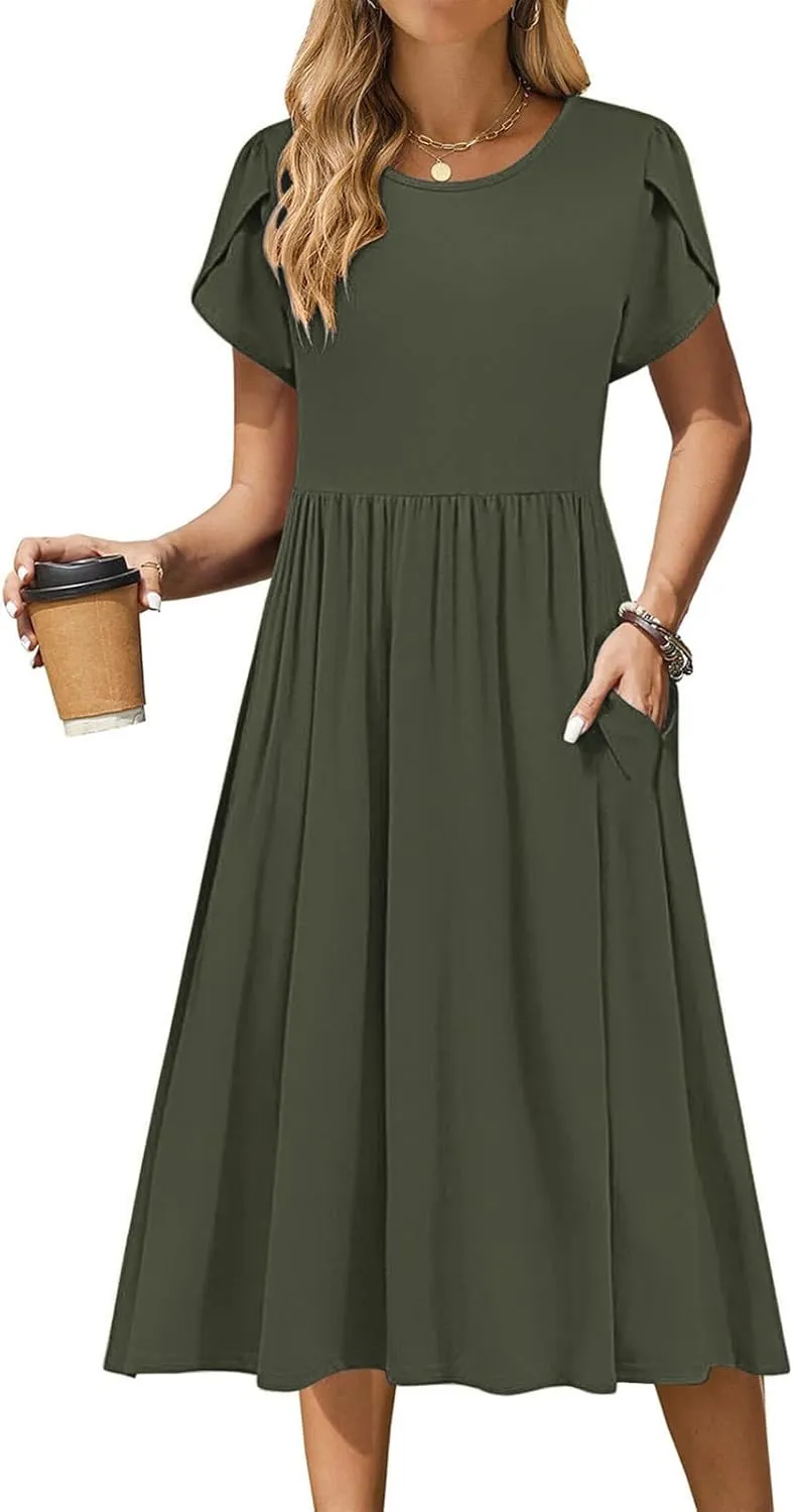 Aline Dress for Women Summer Short Sleeve Curvy Hem Dresses Vacation Boho Beach Sundress with Pockets