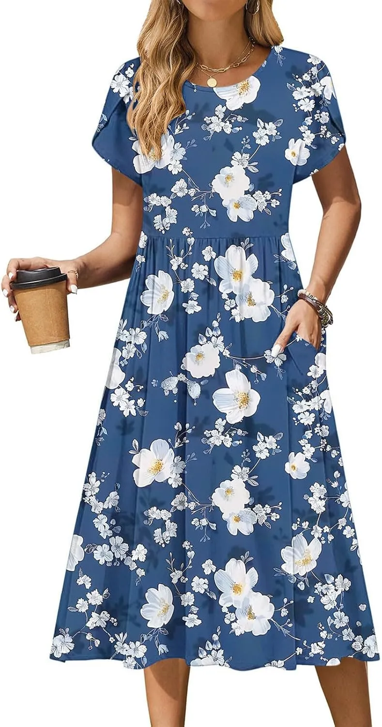 Aline Dress for Women Summer Short Sleeve Curvy Hem Dresses Vacation Boho Beach Sundress with Pockets