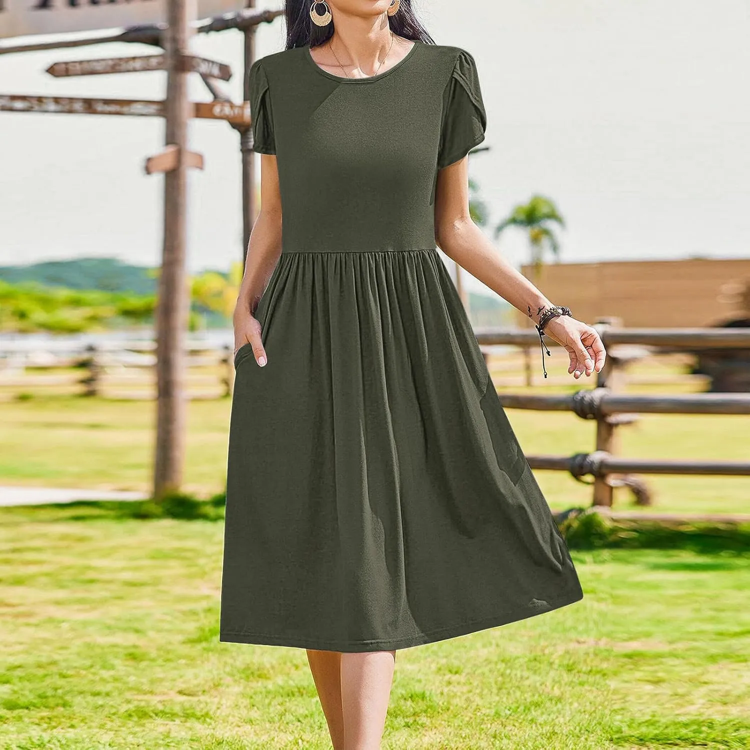 Aline Dress for Women Summer Short Sleeve Curvy Hem Dresses Vacation Boho Beach Sundress with Pockets