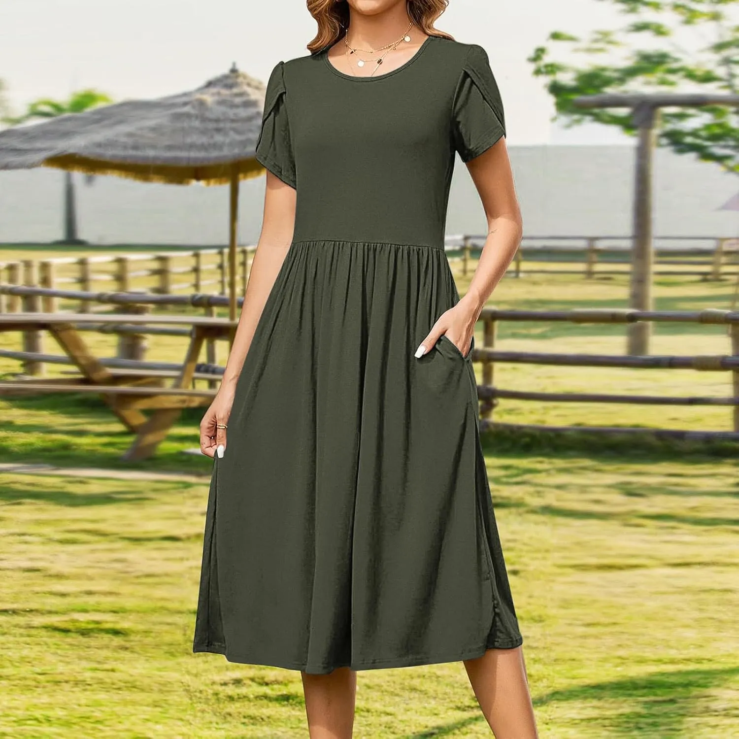 Aline Dress for Women Summer Short Sleeve Curvy Hem Dresses Vacation Boho Beach Sundress with Pockets