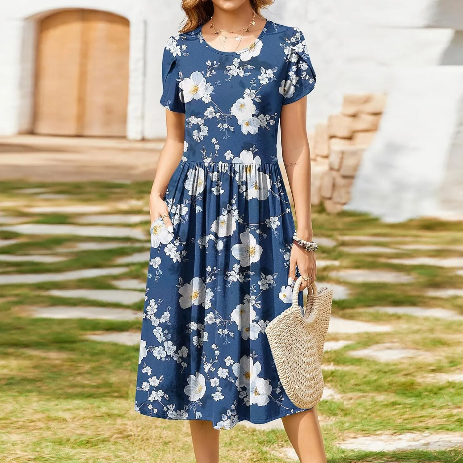 Aline Dress for Women Summer Short Sleeve Curvy Hem Dresses Vacation Boho Beach Sundress with Pockets