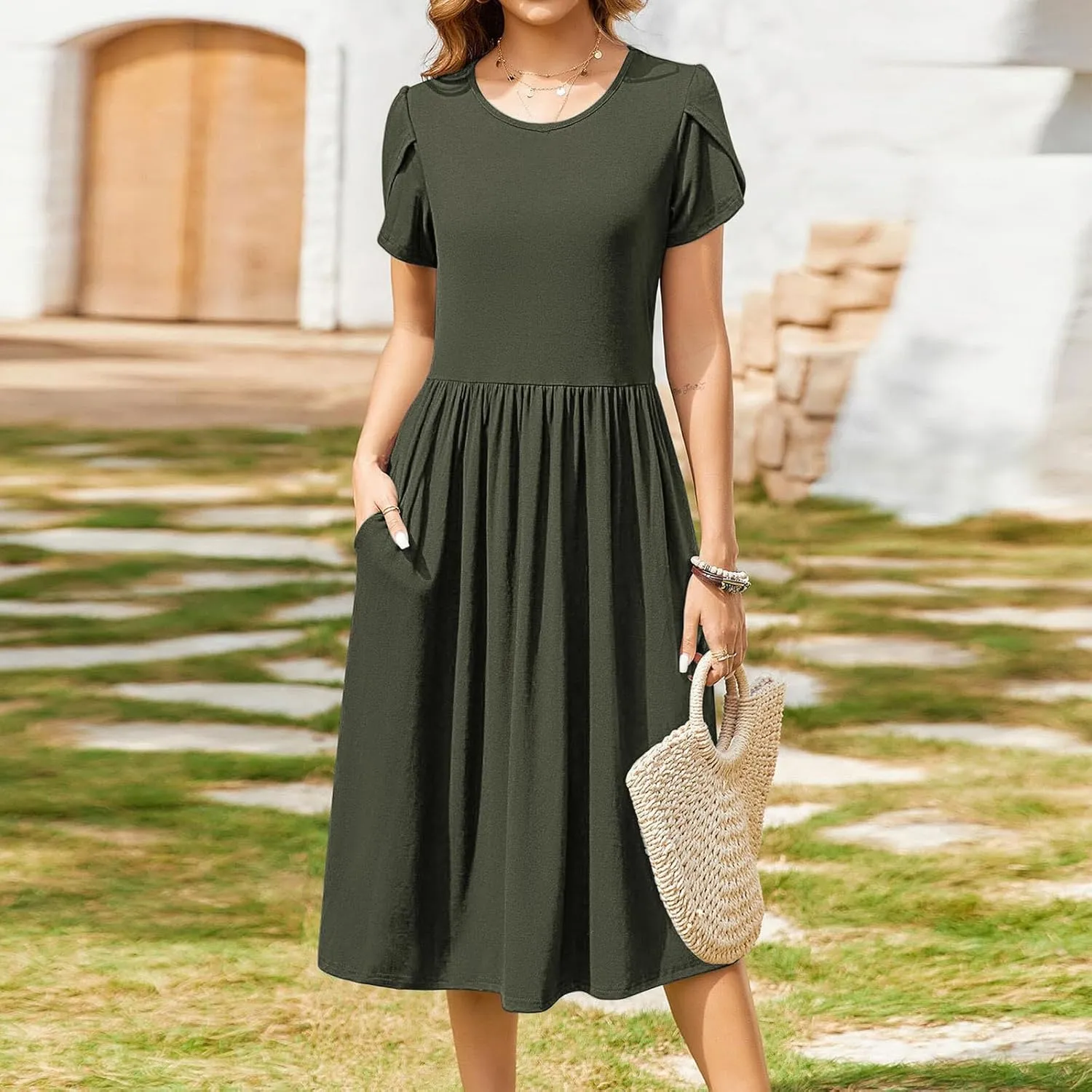 Aline Dress for Women Summer Short Sleeve Curvy Hem Dresses Vacation Boho Beach Sundress with Pockets