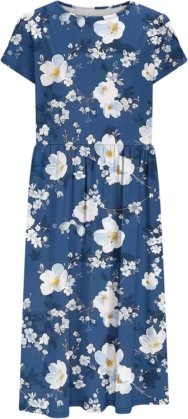 Aline Dress for Women Summer Short Sleeve Curvy Hem Dresses Vacation Boho Beach Sundress with Pockets