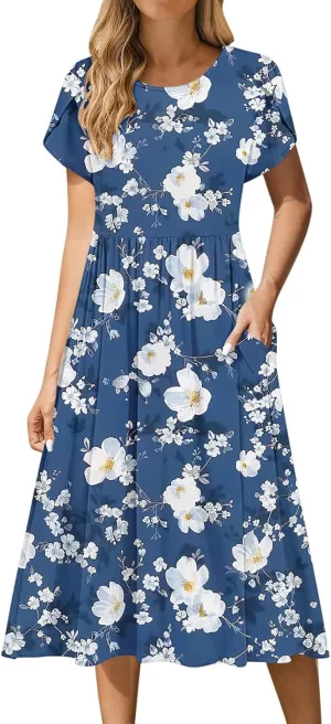 Aline Dress for Women Summer Short Sleeve Curvy Hem Dresses Vacation Boho Beach Sundress with Pockets
