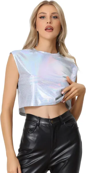 Allegra K Metallic Crop Top for Women's Halloween Shiny Sleeveless Holographic Party Tank Tops