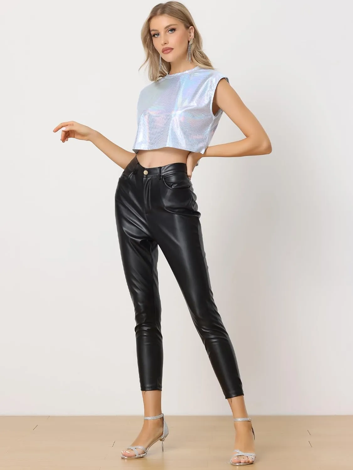 Allegra K Metallic Crop Top for Women's Halloween Shiny Sleeveless Holographic Party Tank Tops
