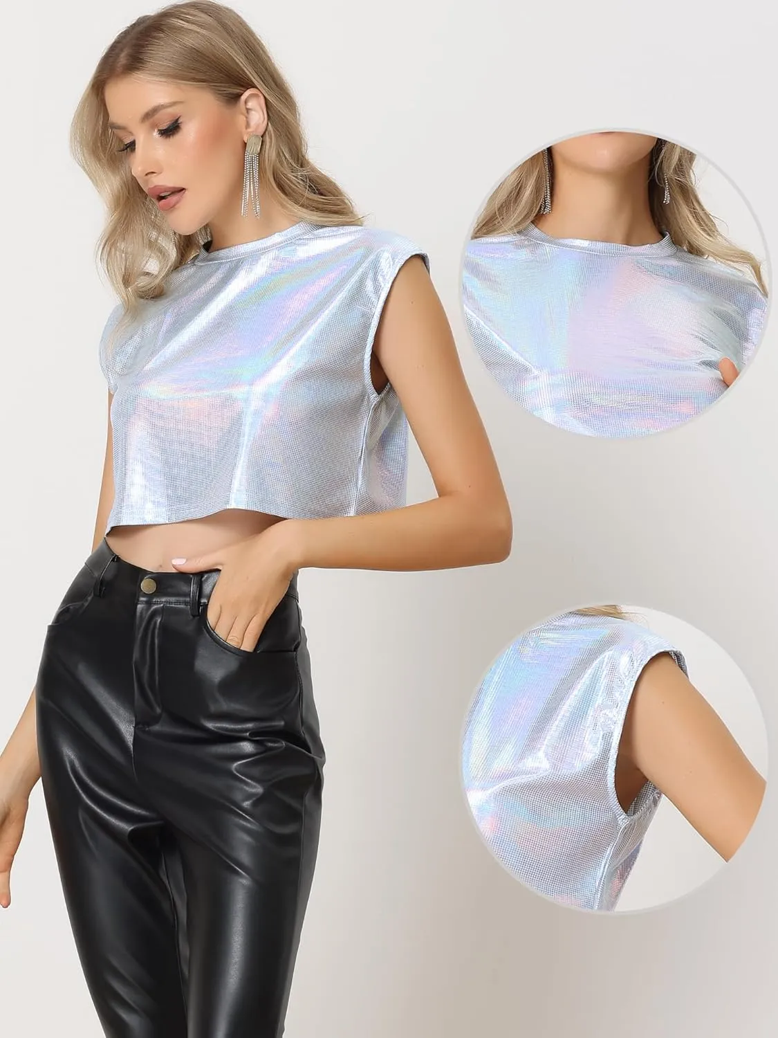 Allegra K Metallic Crop Top for Women's Halloween Shiny Sleeveless Holographic Party Tank Tops