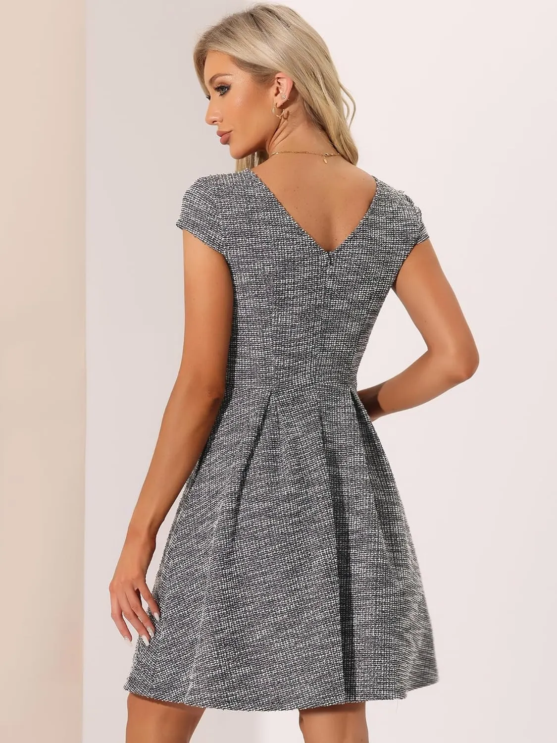 Allegra K Plaid Tweed Dress for Women's Round Neck Cap Sleeve A-Line Vintage Pleated Dresses