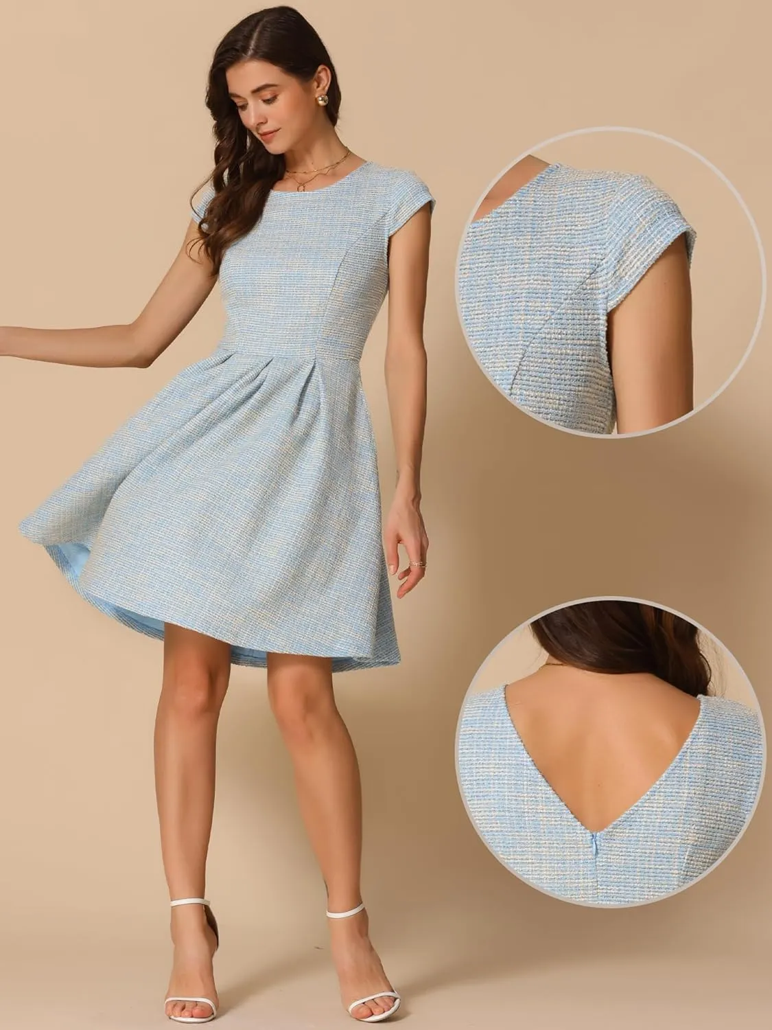Allegra K Plaid Tweed Dress for Women's Round Neck Cap Sleeve A-Line Vintage Pleated Dresses