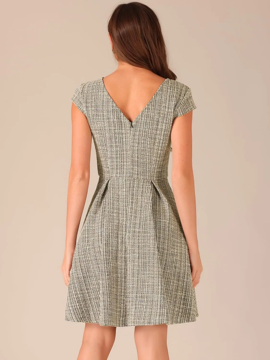 Allegra K Plaid Tweed Dress for Women's Round Neck Cap Sleeve A-Line Vintage Pleated Dresses