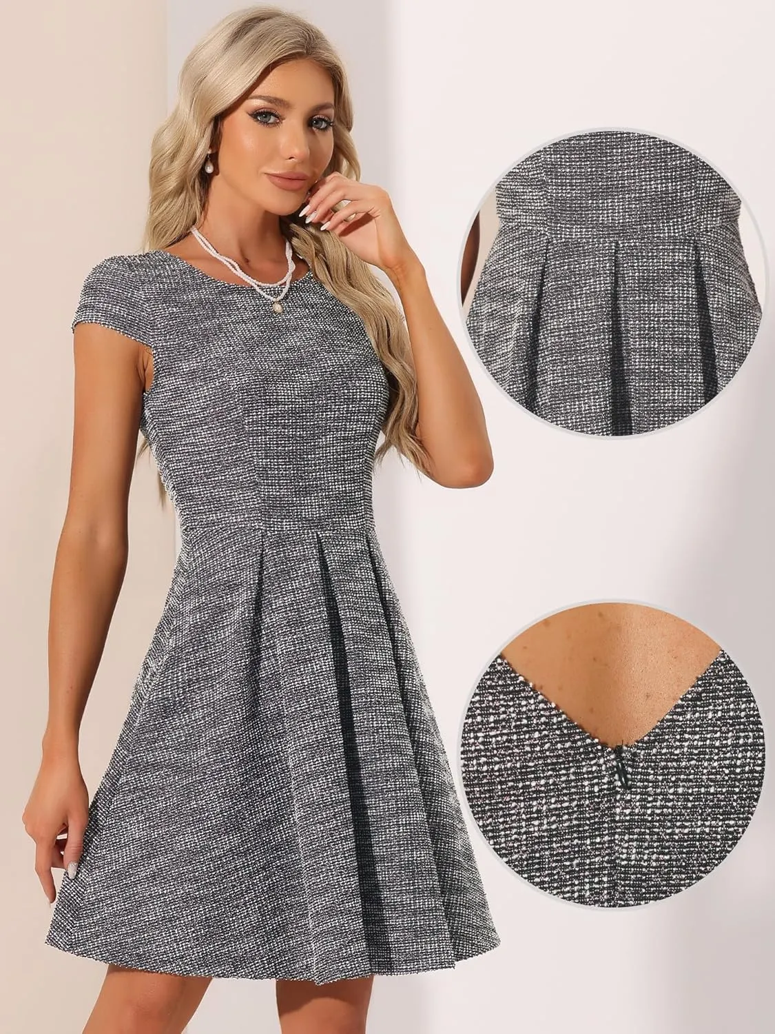 Allegra K Plaid Tweed Dress for Women's Round Neck Cap Sleeve A-Line Vintage Pleated Dresses