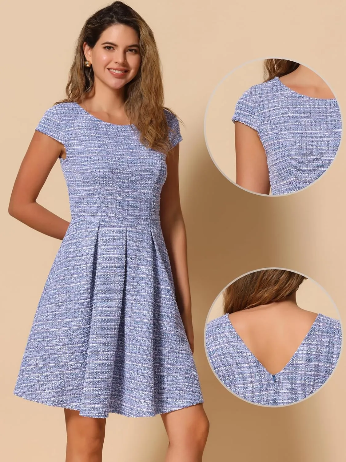 Allegra K Plaid Tweed Dress for Women's Round Neck Cap Sleeve A-Line Vintage Pleated Dresses