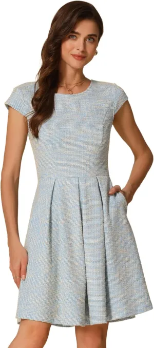 Allegra K Plaid Tweed Dress for Women's Round Neck Cap Sleeve A-Line Vintage Pleated Dresses