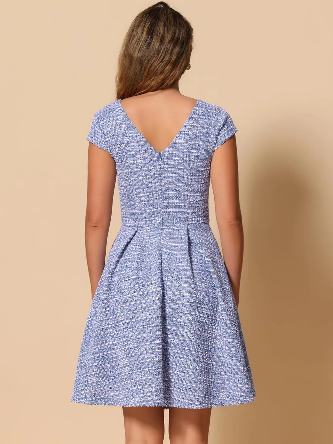 Allegra K Plaid Tweed Dress for Women's Round Neck Cap Sleeve A-Line Vintage Pleated Dresses
