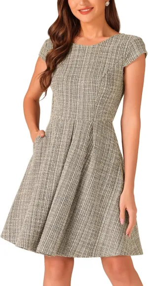 Allegra K Plaid Tweed Dress for Women's Round Neck Cap Sleeve A-Line Vintage Pleated Dresses