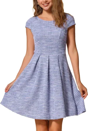 Allegra K Plaid Tweed Dress for Women's Round Neck Cap Sleeve A-Line Vintage Pleated Dresses