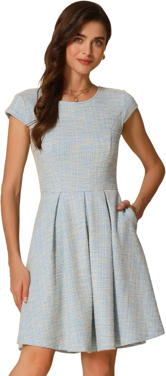 Allegra K Plaid Tweed Dress for Women's Round Neck Cap Sleeve A-Line Vintage Pleated Dresses