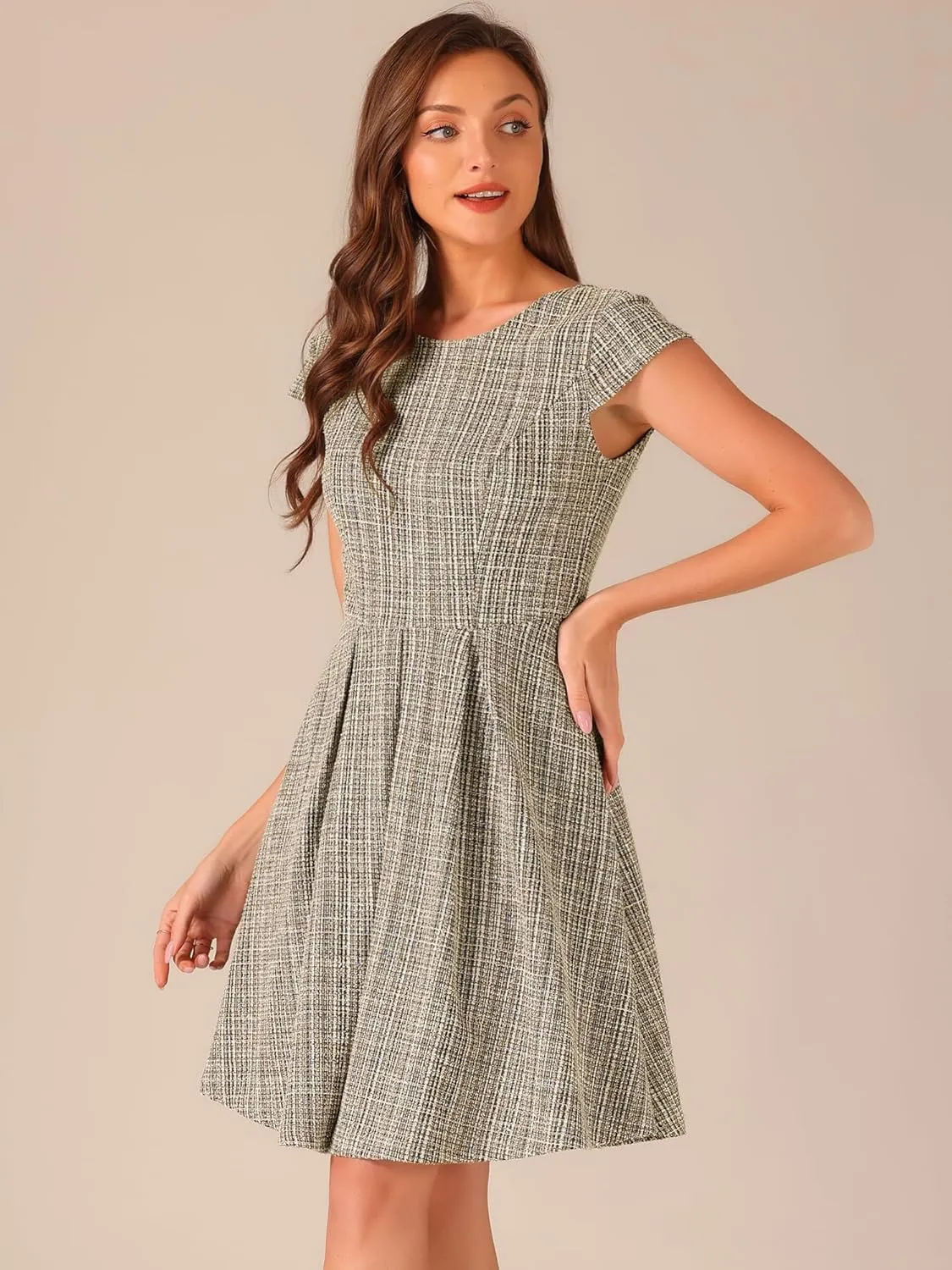 Allegra K Plaid Tweed Dress for Women's Round Neck Cap Sleeve A-Line Vintage Pleated Dresses
