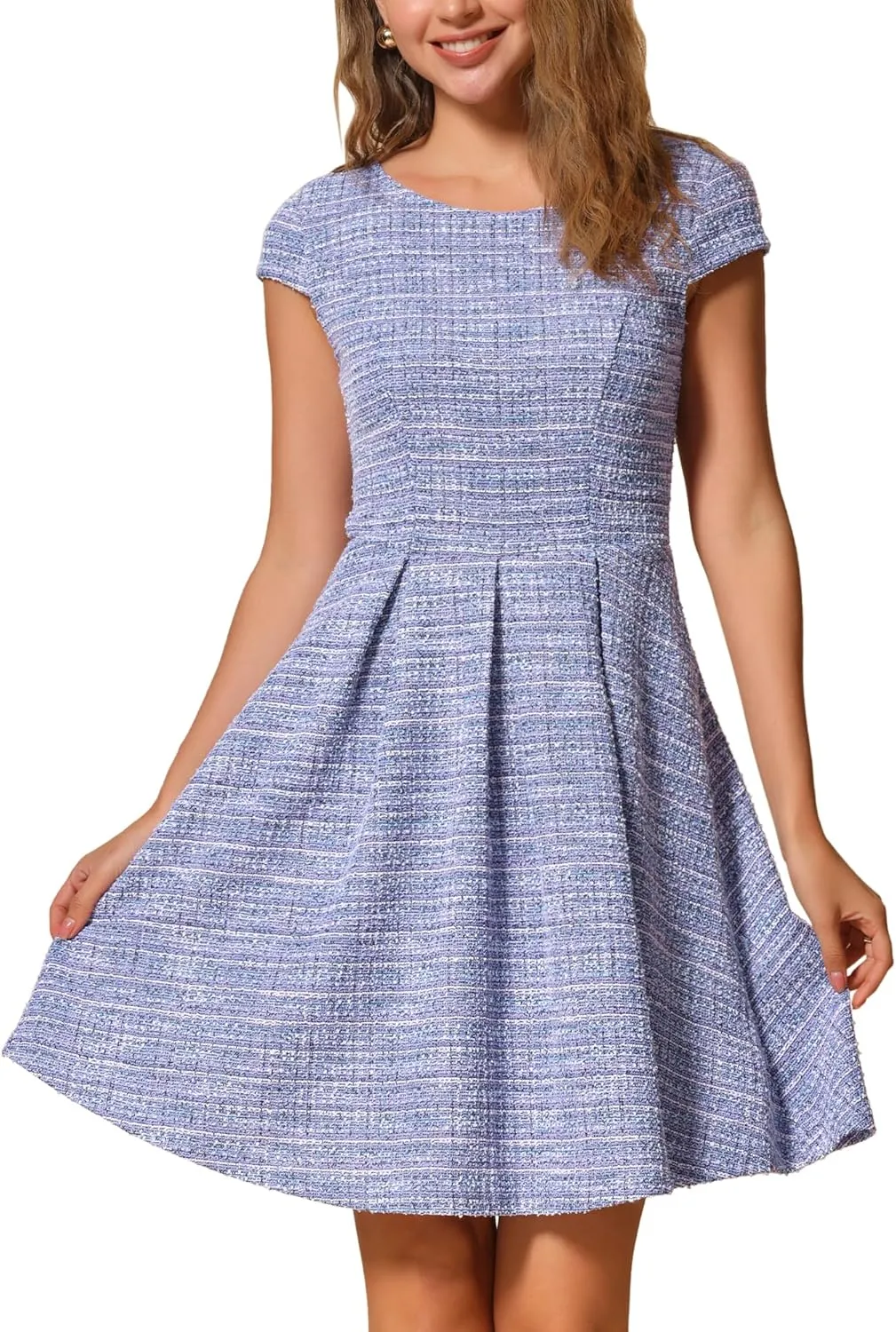 Allegra K Plaid Tweed Dress for Women's Round Neck Cap Sleeve A-Line Vintage Pleated Dresses
