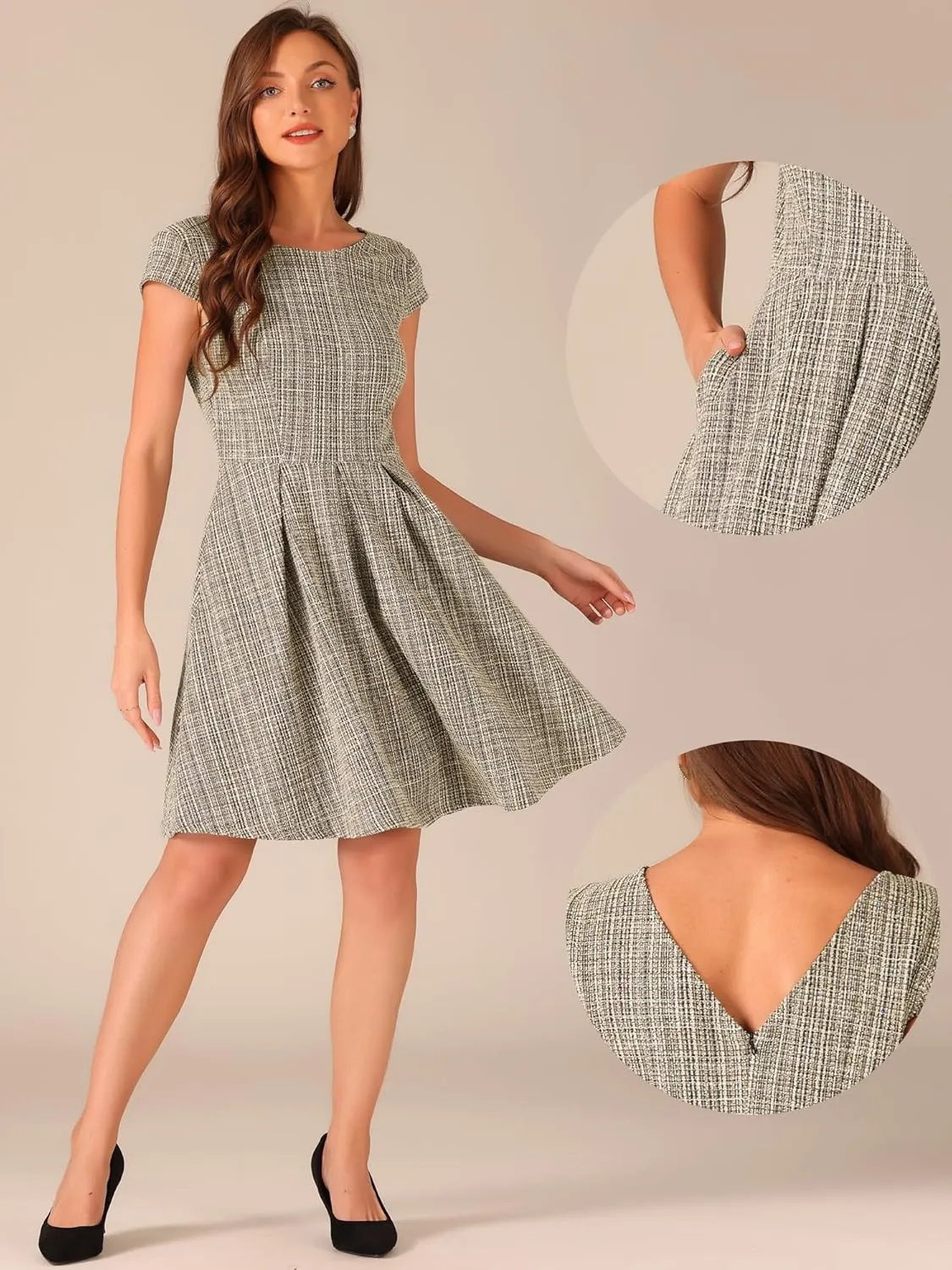 Allegra K Plaid Tweed Dress for Women's Round Neck Cap Sleeve A-Line Vintage Pleated Dresses