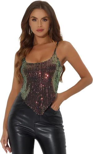 Allegra K Women's Christmas Sequin Spaghetti Straps Crisscross Backless Party Crop Cami Top