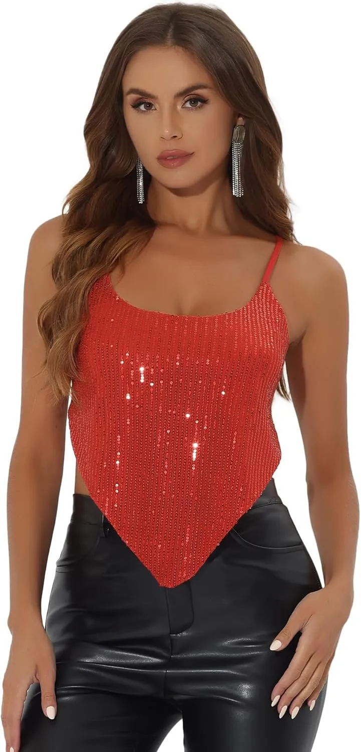 Allegra K Women's Christmas Sequin Spaghetti Straps Crisscross Backless Party Crop Cami Top
