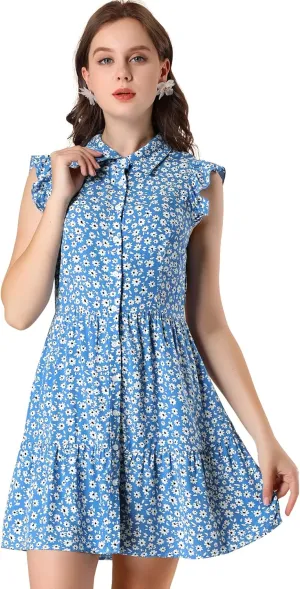 Allegra K Women's Daisy Floral Ruffle Sleeve Pleated Button Up Dress