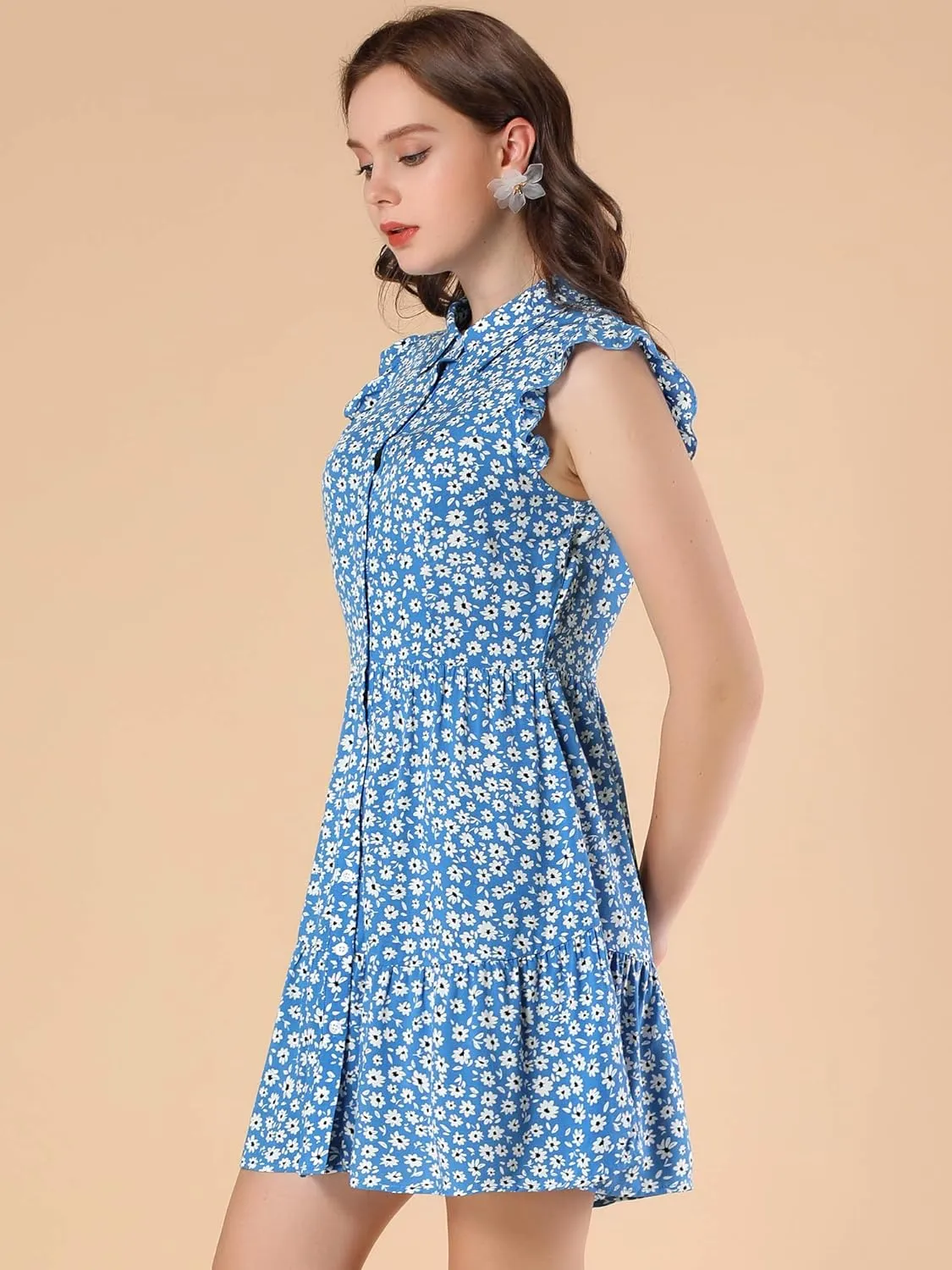 Allegra K Women's Daisy Floral Ruffle Sleeve Pleated Button Up Dress