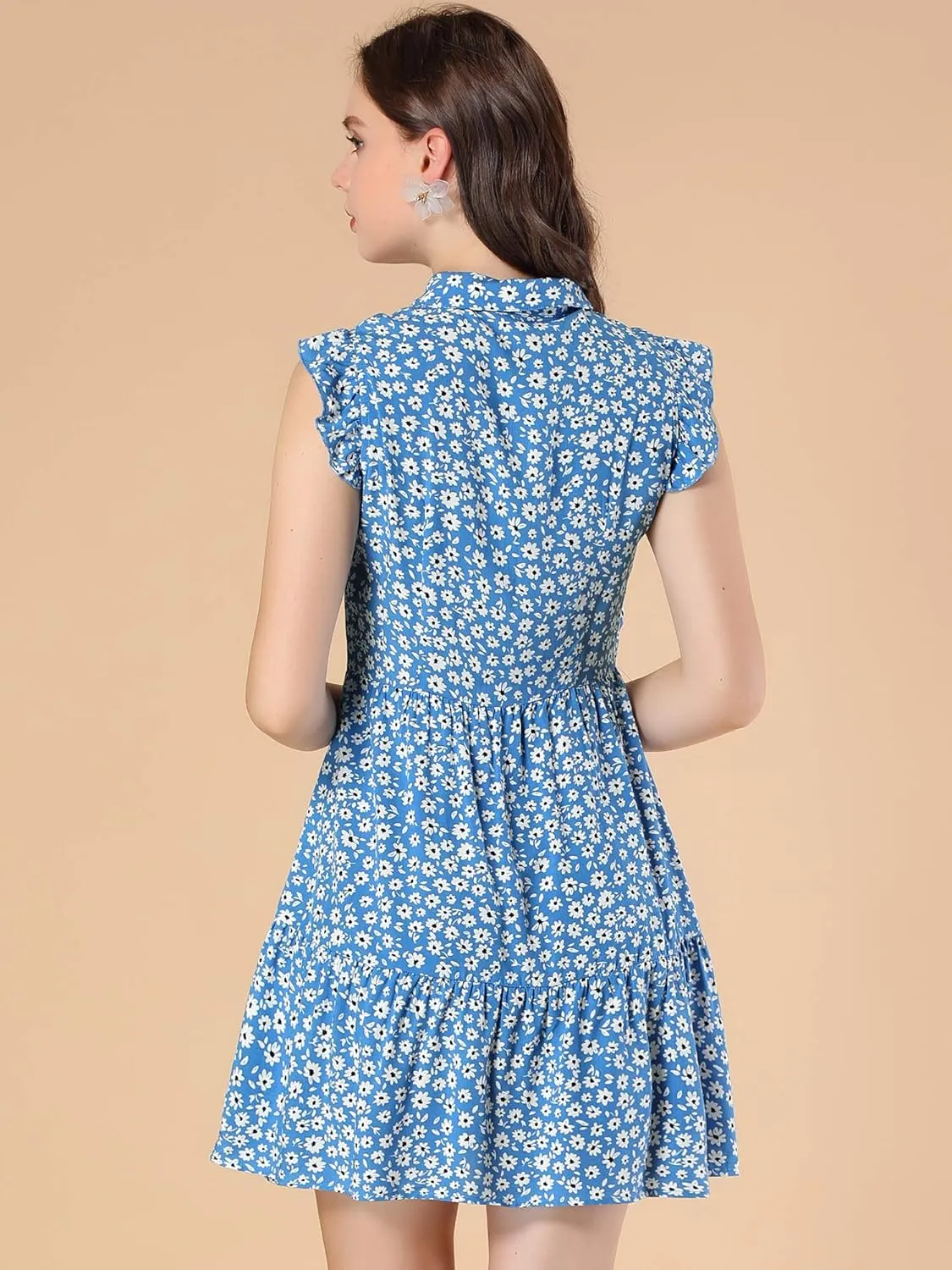 Allegra K Women's Daisy Floral Ruffle Sleeve Pleated Button Up Dress