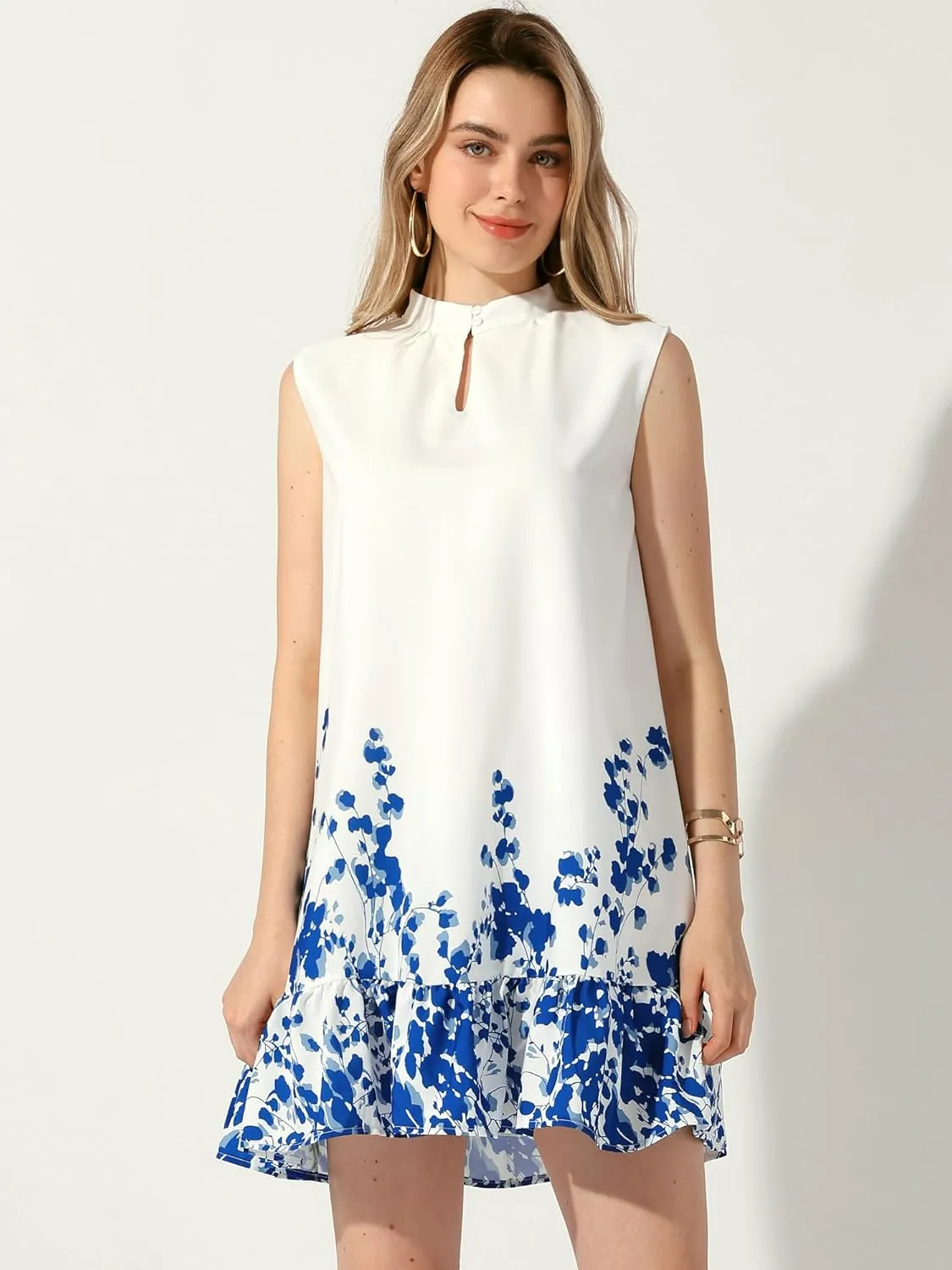 Allegra K Women's Summer Dress Casual Floral Printed Ruffled Hem Sleeveless Mini Dress