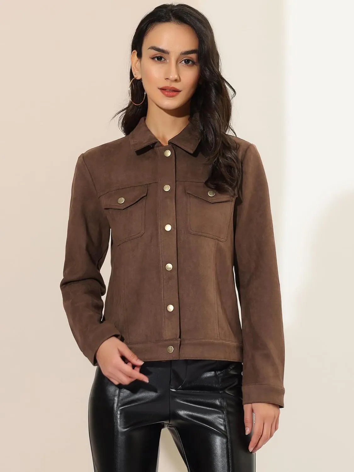 Allegra K Women's Turn-Down Collar Flap Pockets Snap Button Faux Suede Jacket