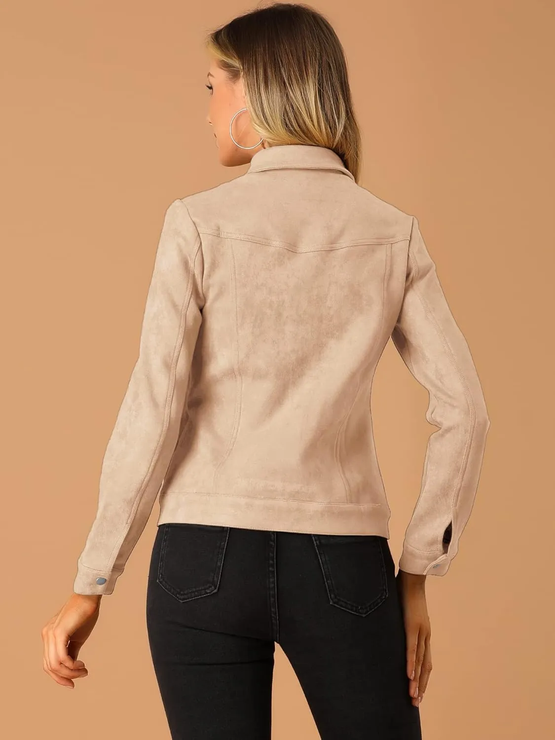 Allegra K Women's Turn-Down Collar Flap Pockets Snap Button Faux Suede Jacket
