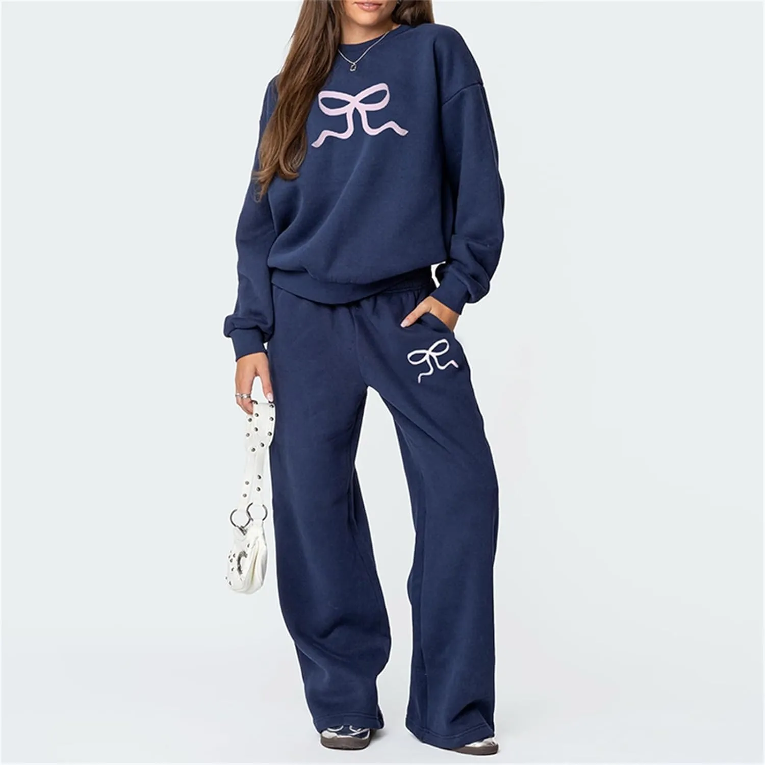 Amiblvowa 2 Piece Lounge Sets for Women Bow Sweatsuits Teens Girl Bow Print Oversize Sweatshirt Hoodie Matching Pants Outfit