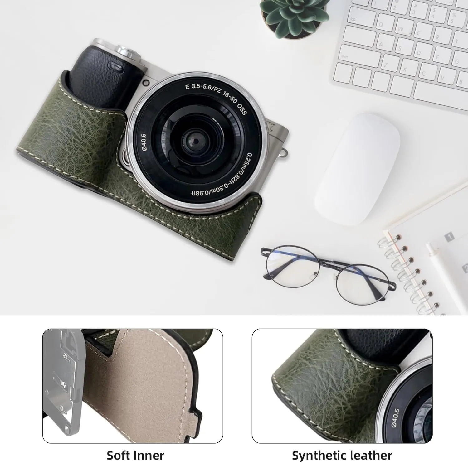 Andoer Portable Camera Protective Case Retro Style Camera Case Carry Bag Opening Bottom Design without Shoulder Strap Replacement for Sony A6400/A6300/A6100/A6000 Camera, Green