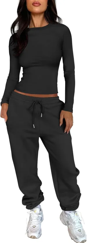 ANRABESS Womens 2 Piece Sweatsuits Long Sleeve Tight Shirt Tops Joggers Fleece Sweatpants Sets 2024 Fall Sweat Lounge Outfits