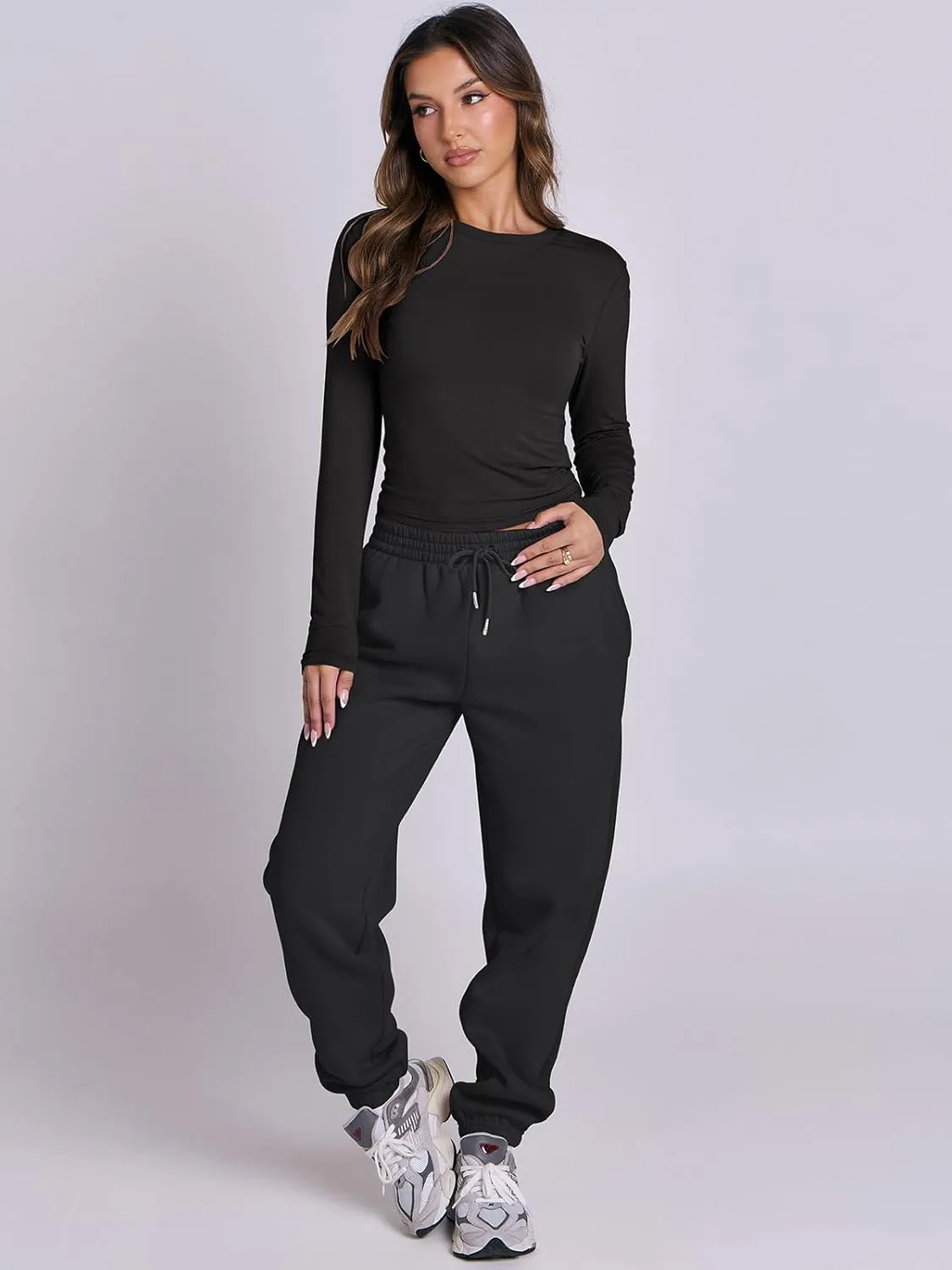 ANRABESS Womens 2 Piece Sweatsuits Long Sleeve Tight Shirt Tops Joggers Fleece Sweatpants Sets 2024 Fall Sweat Lounge Outfits