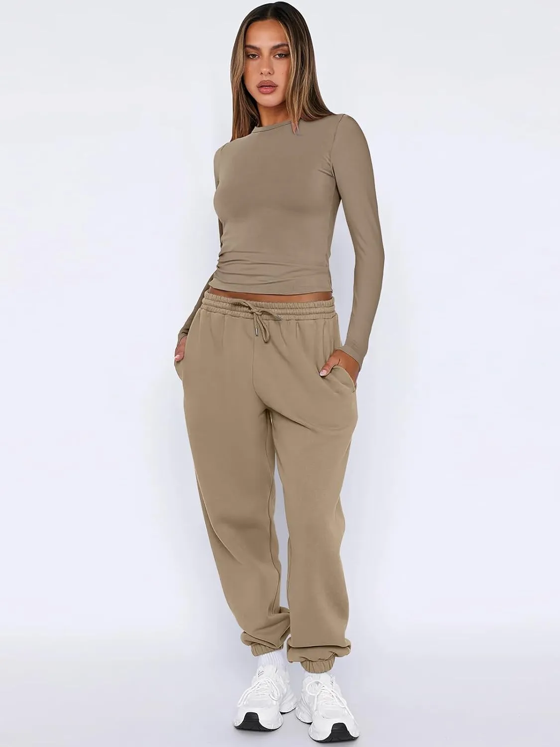 ANRABESS Womens 2 Piece Sweatsuits Long Sleeve Tight Shirt Tops Joggers Fleece Sweatpants Sets 2024 Fall Sweat Lounge Outfits