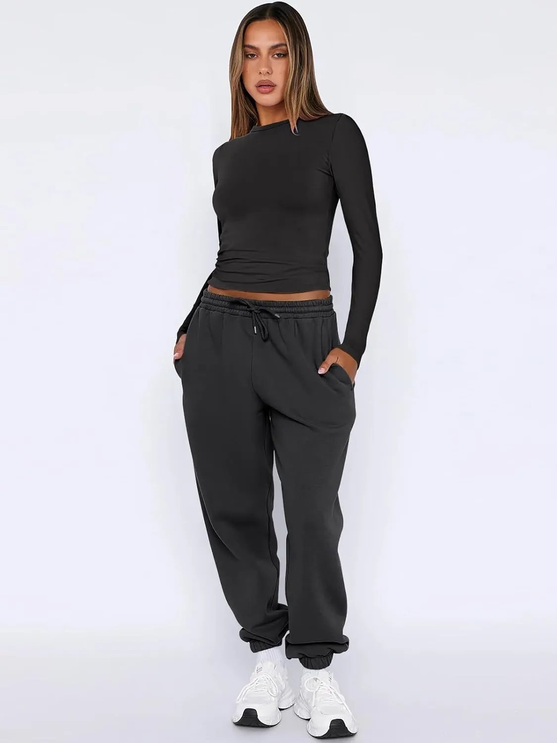 ANRABESS Womens 2 Piece Sweatsuits Long Sleeve Tight Shirt Tops Joggers Fleece Sweatpants Sets 2024 Fall Sweat Lounge Outfits