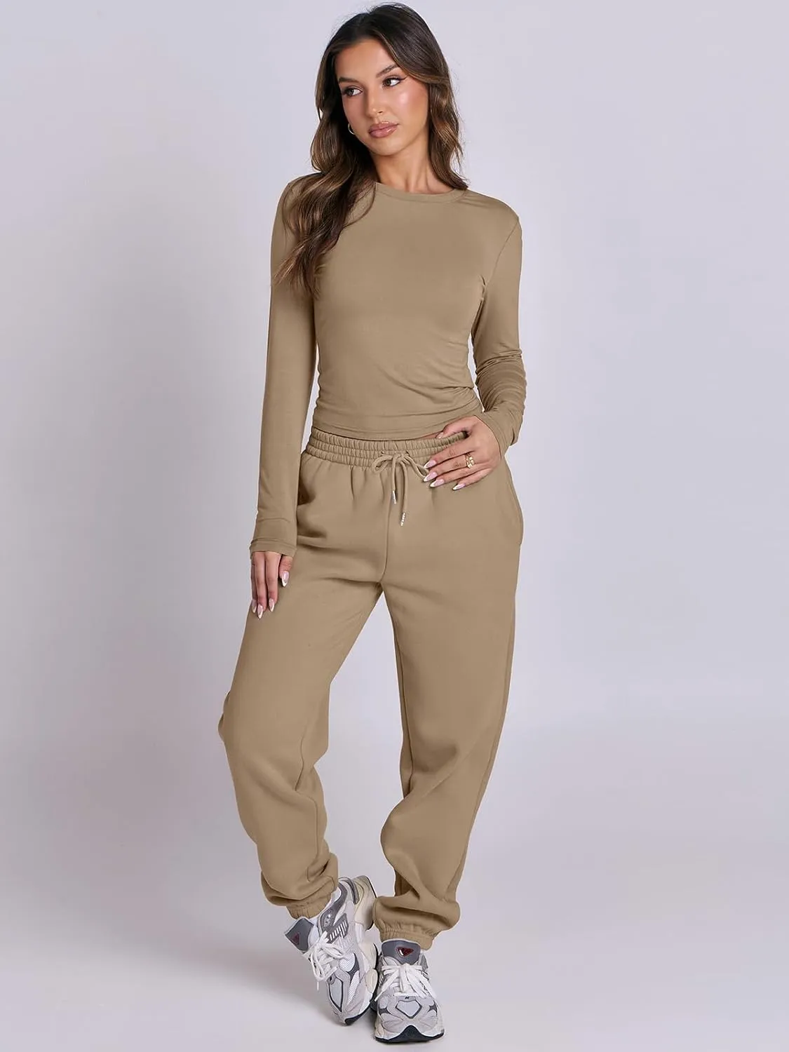 ANRABESS Womens 2 Piece Sweatsuits Long Sleeve Tight Shirt Tops Joggers Fleece Sweatpants Sets 2024 Fall Sweat Lounge Outfits