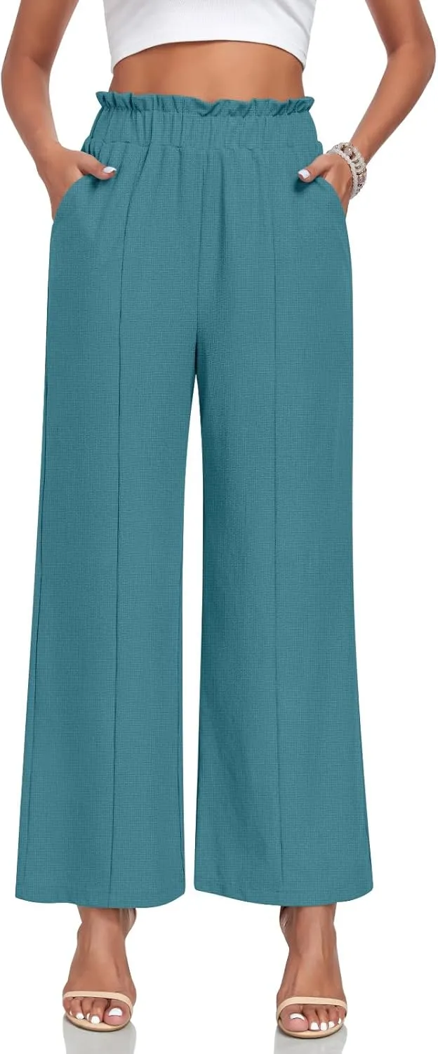 Anyally Womens Loose Wide Leg Pants Business Casual Elastic Waisted Palazzo Harem Pants with Pockets Work Trousers