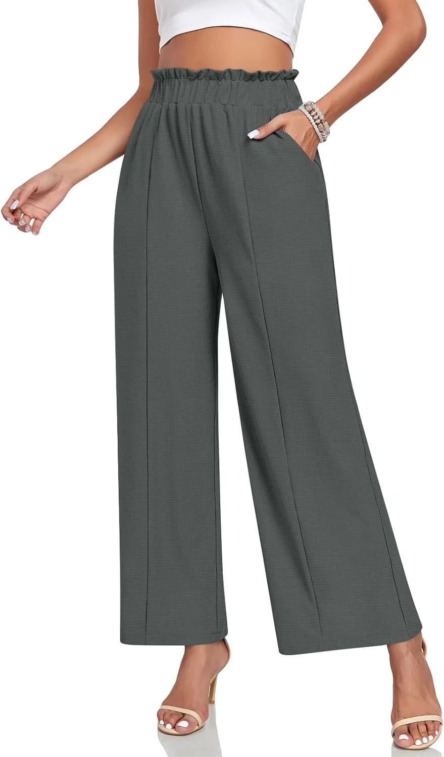Anyally Womens Loose Wide Leg Pants Business Casual Elastic Waisted Palazzo Harem Pants with Pockets Work Trousers