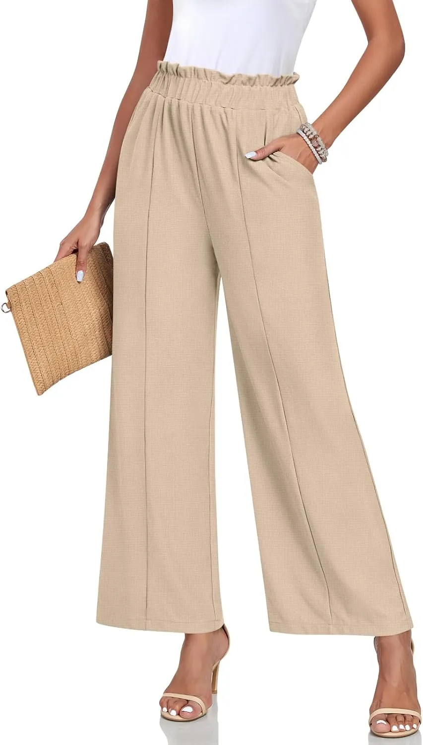 Anyally Womens Loose Wide Leg Pants Business Casual Elastic Waisted Palazzo Harem Pants with Pockets Work Trousers