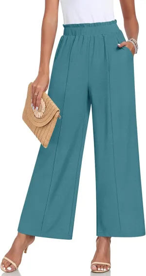 Anyally Womens Loose Wide Leg Pants Business Casual Elastic Waisted Palazzo Harem Pants with Pockets Work Trousers