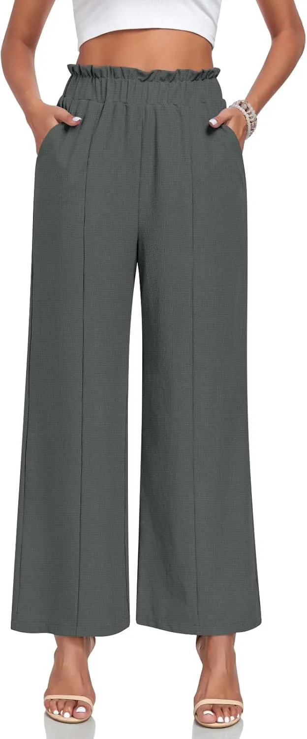 Anyally Womens Loose Wide Leg Pants Business Casual Elastic Waisted Palazzo Harem Pants with Pockets Work Trousers