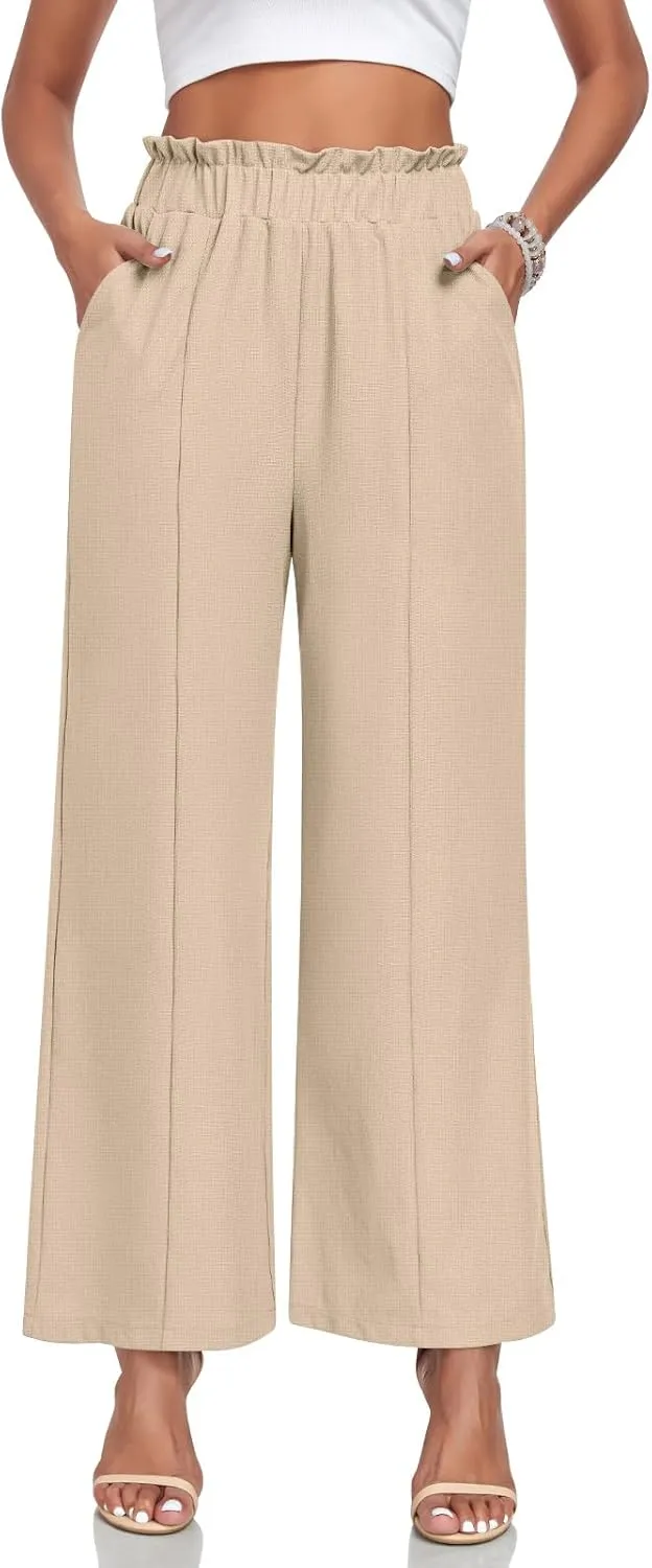 Anyally Womens Loose Wide Leg Pants Business Casual Elastic Waisted Palazzo Harem Pants with Pockets Work Trousers