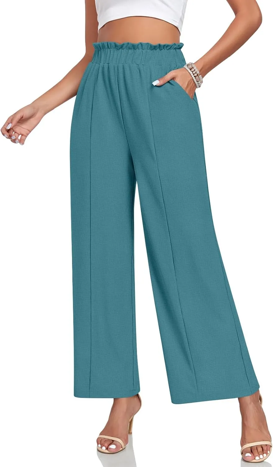 Anyally Womens Loose Wide Leg Pants Business Casual Elastic Waisted Palazzo Harem Pants with Pockets Work Trousers
